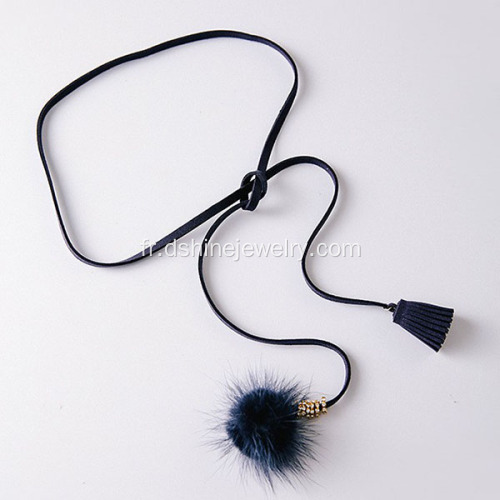 Velours noir cuir pompon boule pendentif attaché sautoirs